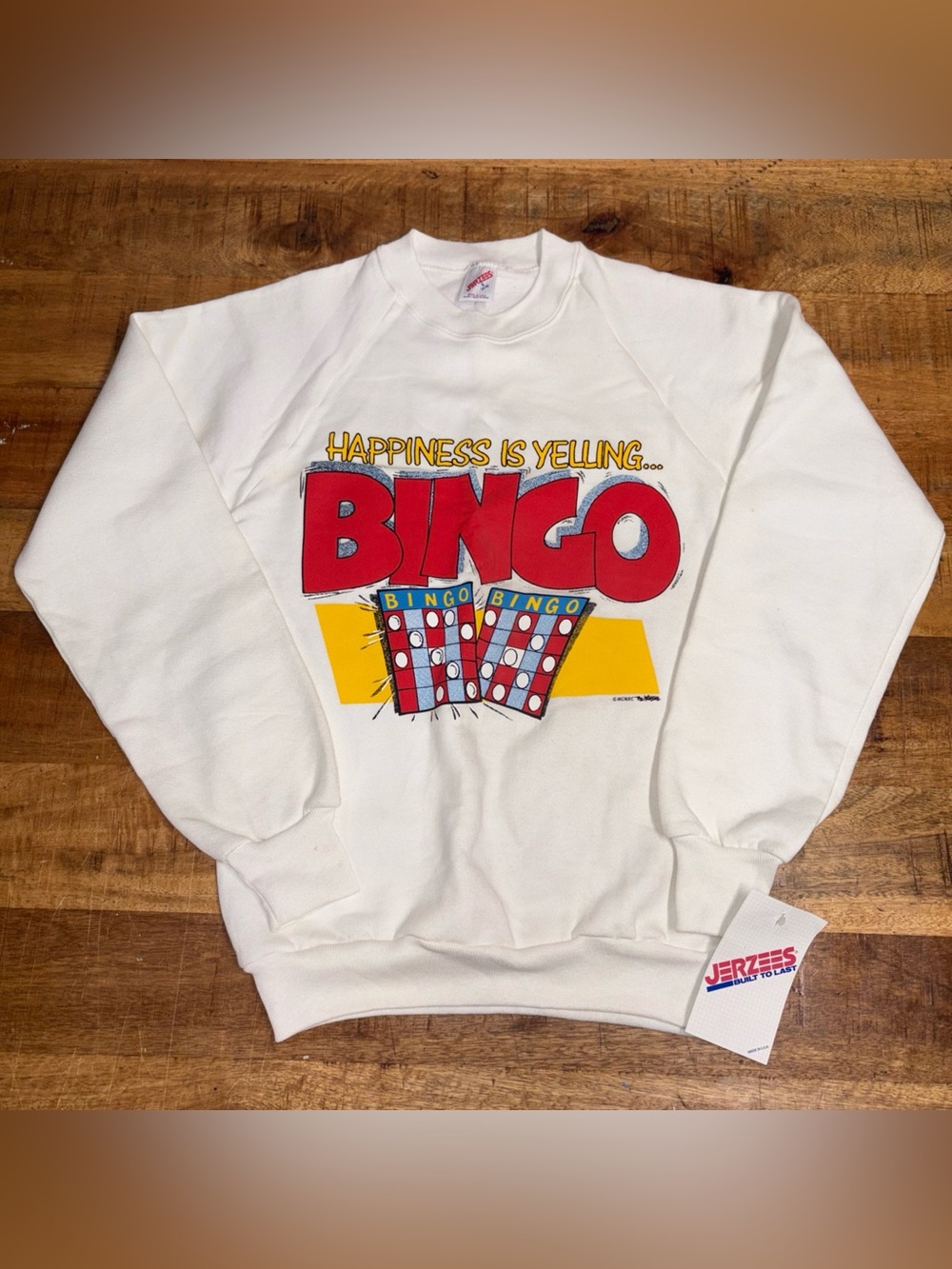 NWT Vintage Jerzees Happiness Is Screaming BINGO White 90s Sweatshirt Small USA